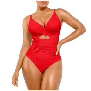 Shapellx Red Shaping One Piece Swimsuit Ruched Tummy Control Cutout Swimwear NWT
